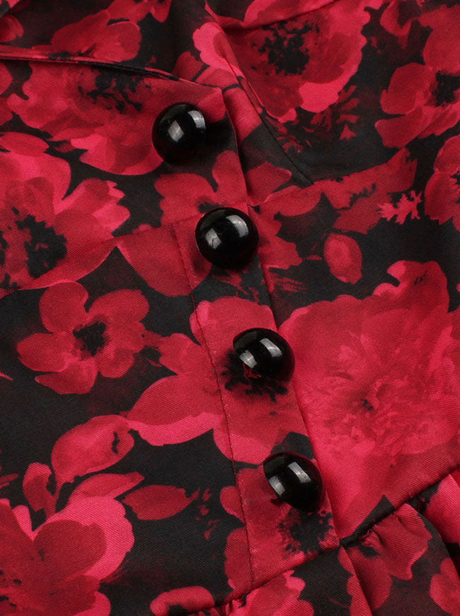 Floral Printed 50s Style Tea Red Fifties Swing A-Line Wedding Party Woman Dress Detail View
