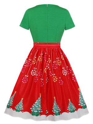 Vintage Style Print Round Neck Short Sleeve A-line Swing Christmas Party Dress Red Green Back View
