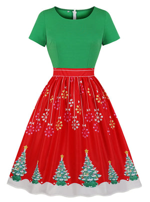 Women's Printed Round Neck Short Sleeve A-line Swing Christmas Party Dress Main View