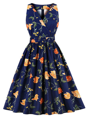 Elegant Vintage 1950S Floral Printed Wrap V-Neck Sleeveless Semi Formal Swing Dress Main View