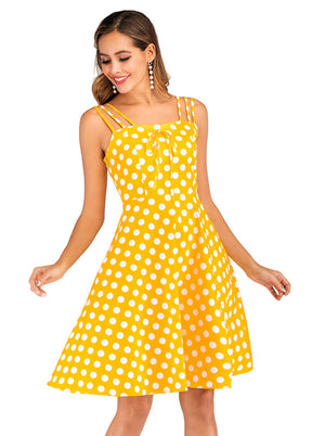 Fashion Womens Polka Dot Yellow Sleeveless Cotton High Waist Dress Side View