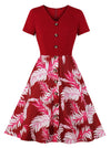 Women's Vintage Floral Printed Short Sleeved Pleated Tea Party Dress Main View