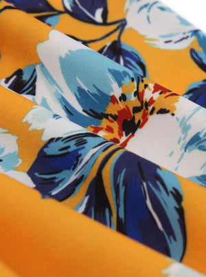 Floral Print Vintage Retro Midi Orange Short Sleeve A-Line Swing Dress Detail View
