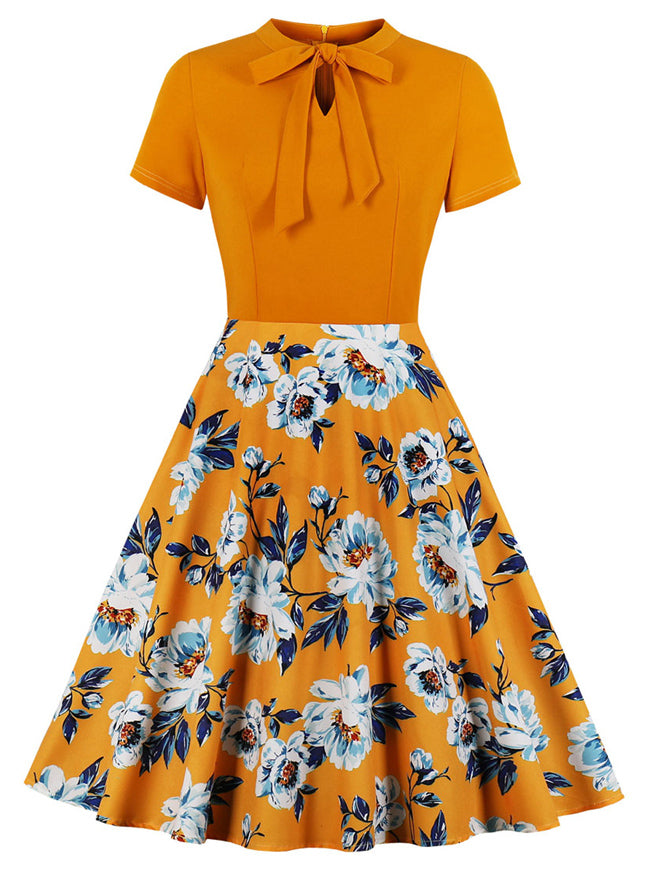 Elegant Vintage Print Short Sleeve A-line Swing Cocktail Party Dress