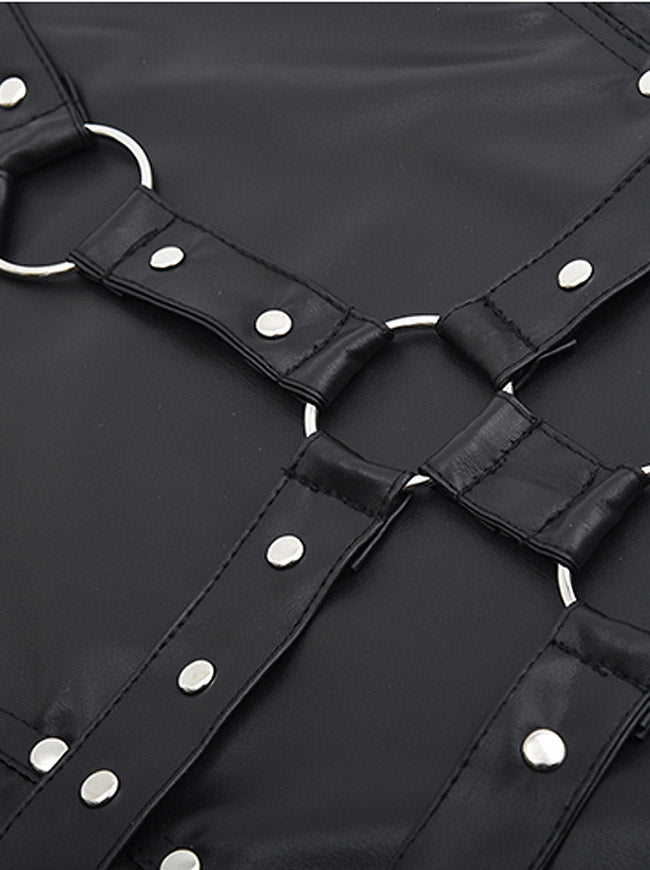 Women Studs PU Faux Leather Bodysuit Bodycon Dress with Rivets Detail View