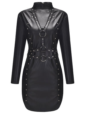 Sexy Clubwear Faux Leather Rivets Long Sleeve Bodycon Night Out Dress Main View