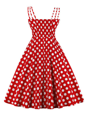 Polka Dot Printed Dresses Red High Waist Knee Length Evening Dress Spaghetti Strap Prom Dress Back View