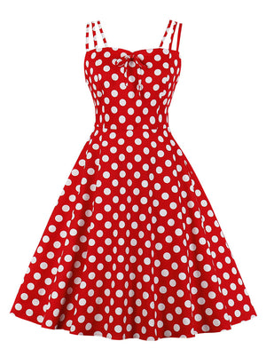 Retro 1950s Polka Dot Printed Bowknot Spaghetti Strap Sundress Casual Dress Main View