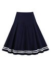 Dark Blue Vintage White Stripe High Waisted Pleated Casual Midi Skirt Back View