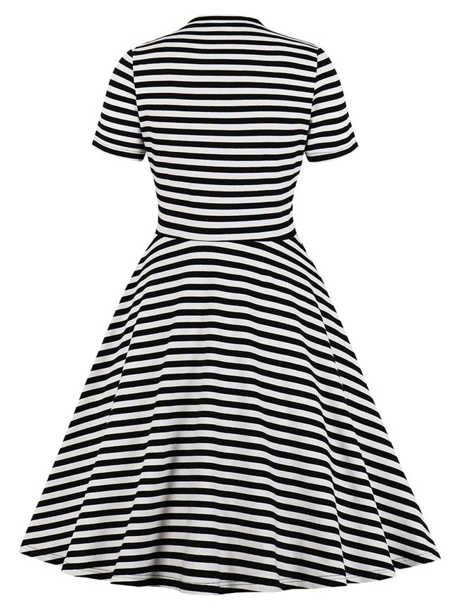 Black Short Sleeve Women Working Casual Vintage Tie T-Shirt Dress Back View