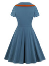 Women Flare A-Line Skirt Dress Light Blue Knee Length Retro Collar Dress Back View