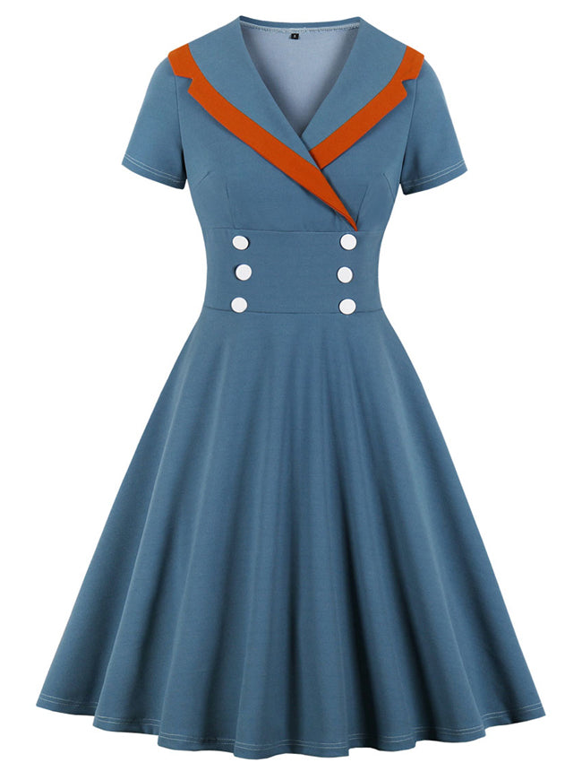 Classic Turn Down Collar Dress Audrey Hepburn Style Dress Deep V-Neck Blue Dress Detail View