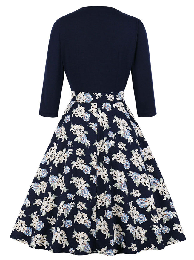 Vintage 1950s Style Royal Blue Tea Length Casual Patchwork Dresses Back View