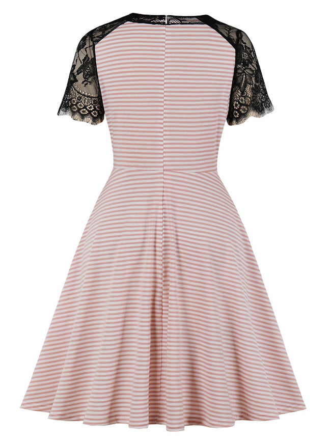 Short Sleeve Lace Soft Slim Fit Deep V-Neck Business One Piece Dress for Women Pink Back View