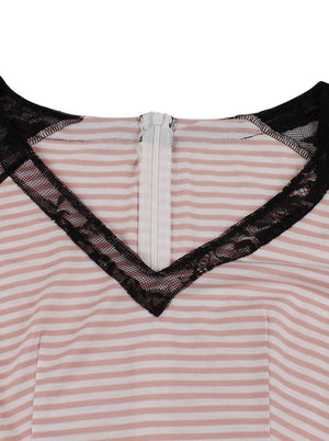 Slim Fitting High Waist V-Neck Lace Vintage Retro Casual Dresses Detail View