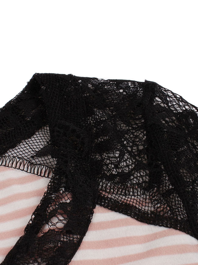 Vintage Pink White Tea Length Fit and Flare Striped Dresses for Women Detail View