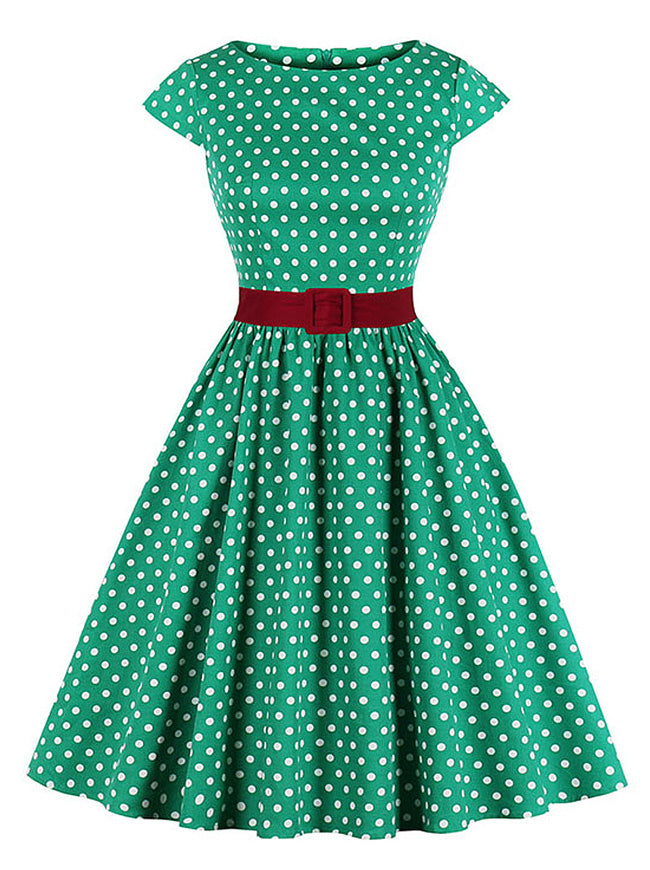 Vintage Rockabilly Cap Sleeve Polka Dot Printed Christmas Party Dress with Belt