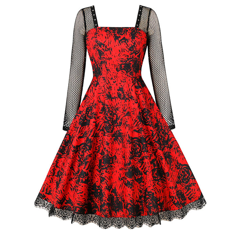 Lovely Black Red Floral Full-Length Sleeve Backless Knee Length A-Line Dress Detail View-4