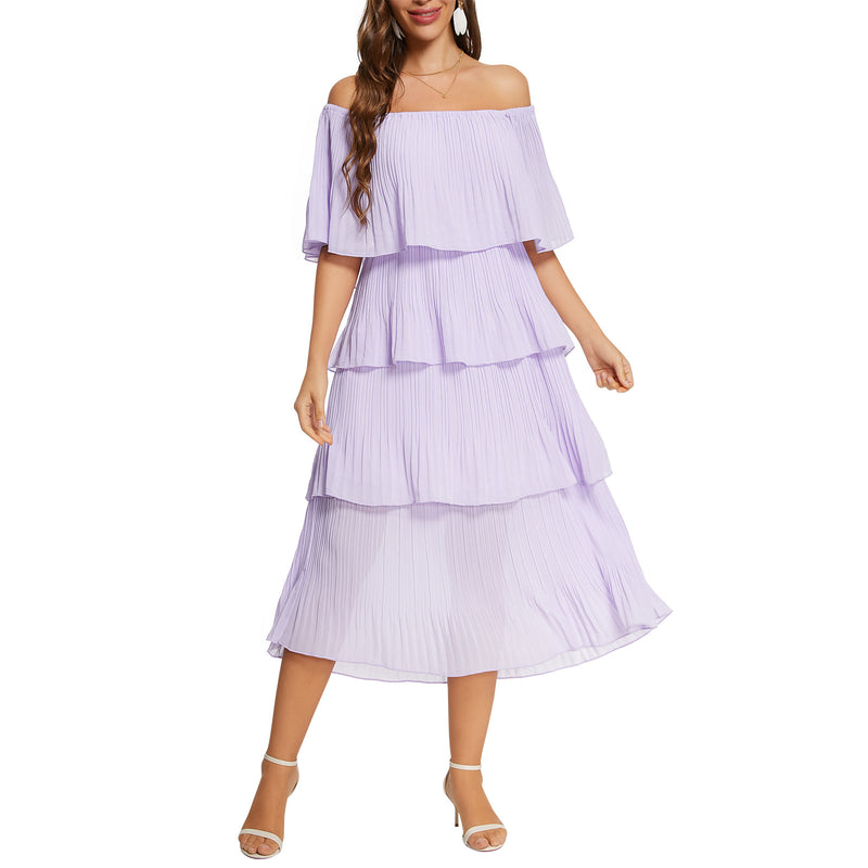 Elegant Retro Women Purple Flounce Off-The-Shoulder Neckline Midi Cocktail Dress Model View