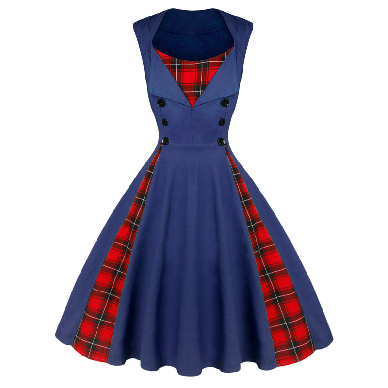 Vintage Elegant Casual Round Neck Sleeveless Plaid Cocktail Party Dress Side View