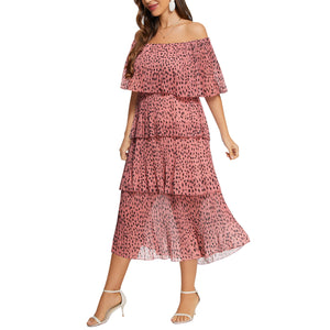 Sexy Women Pink Off-The-Shoulder Neckline Midi Peasant Dress Model View