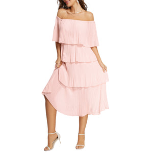 Retro Women Pink Chiffon Flounce Midi Casual Dress Model View