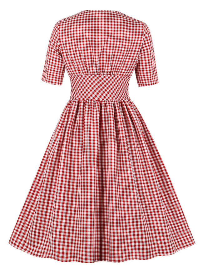 1940s Vintage Style Swing Plaid Retro Juniors Elegant Classic Audrey Hepburn Style Cocktail Casual Tea Dress Back View