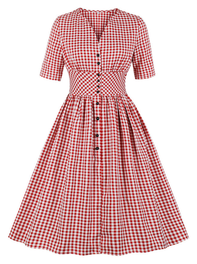 1950s Vintage Plaid V Neck Short Sleeve Swing Christmas Tea Party Dress