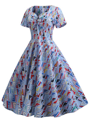 Audrey Hepburn Style Vintage Letters Printed Puffy Swing Casual Pleated Dress Side View
