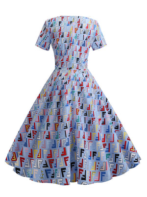 Multicolored 50s Swing Elegant Chic Casual Short Sleeve Square Sweetheart Neckline Dress Detail View