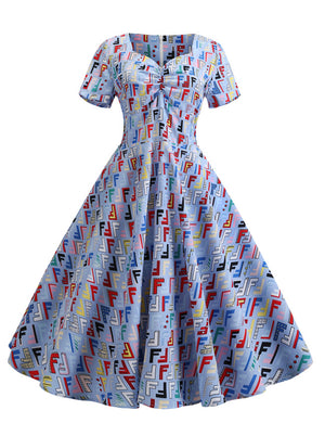 1950s Vintage Printed Short Sleeve Pleated Swing Dress