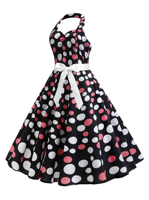 Black Backless Polka Dots Vintage 1950s Style Sleeveless Halter Dress Side View