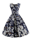 Blue 1950's Floral Vintage Christmas Party A-line Swing Dress with Belted for Women Back View