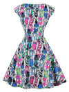 Vintage Cocktail Vivid Colorful Cat Pattern A-Line Knee Length Dress for Women Back View