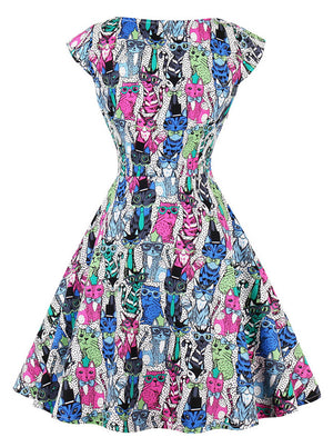 Vintage Cocktail Vivid Colorful Cat Pattern A-Line Knee Length Dress for Women Back View