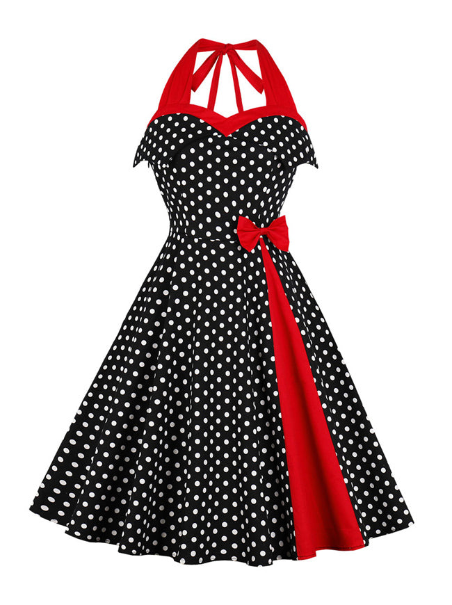Black White Vintage Style Christmas A-line Tea Length Homecoming Dress with BowKnots for Women Detail View