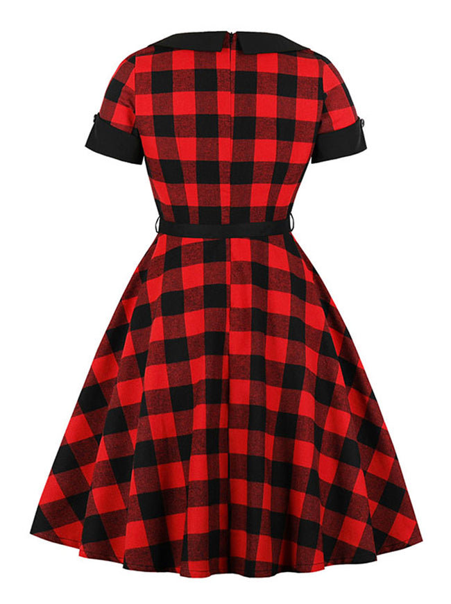 Juniors Fit and Flare Rockabilly Pinup Retro A-line Red Black Plaid Tea Length Dress with Belt Back View
