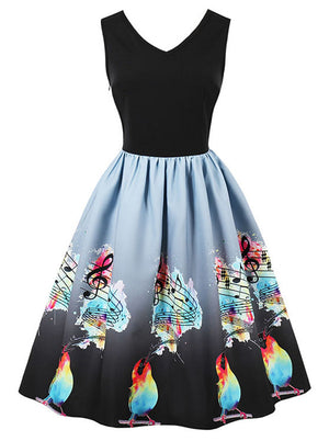 Colorful Music Note Bird Print Vintage Style Dress for Music Party