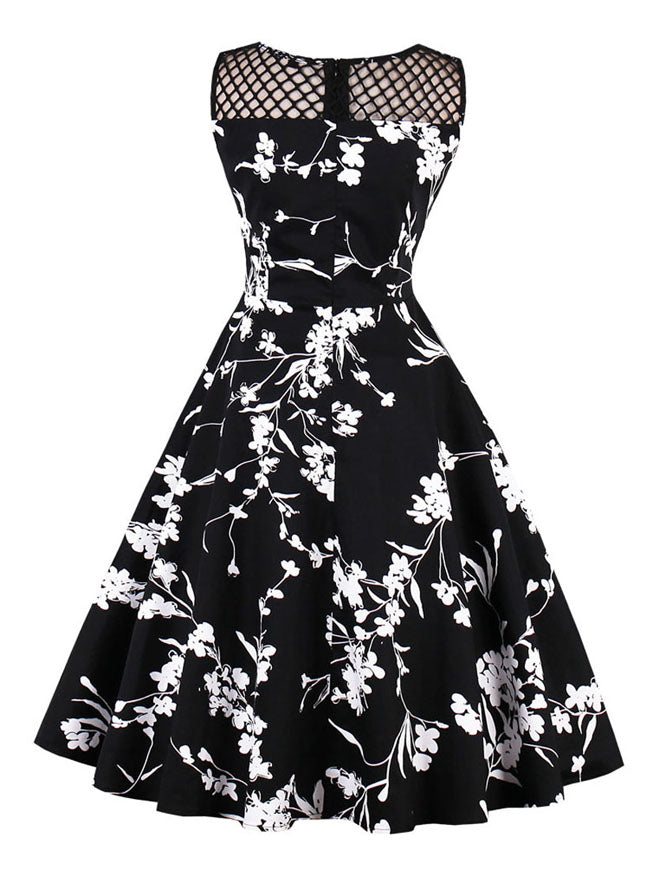 Black Vintage Style Floral Print Mesh See Through Evening Dating Dress for Women Back View
