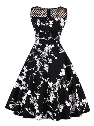 Black Vintage Style Floral Print Mesh See Through Evening Dating Dress for Women Back View
