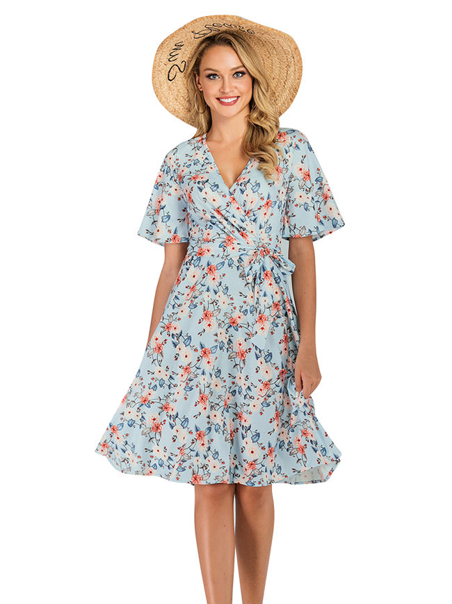 Vintage 1950s Retro Swing Boho Floral Print Flowy Party Dress Front View