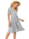 Lignt Blue A-line Rockabilly Pinup Women Juniors Tea Length Cross V-Neck Short Sleeve Casual Tea Dress Side View