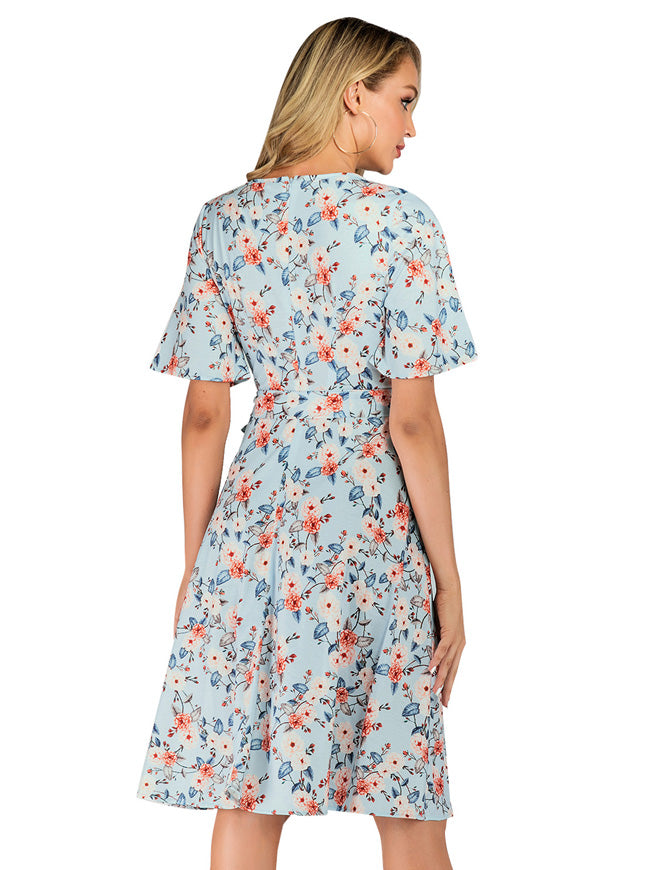 Fashion Sexy High Quality Daily All-match Women Pleats Floral Knee Length Casual Dress Back View