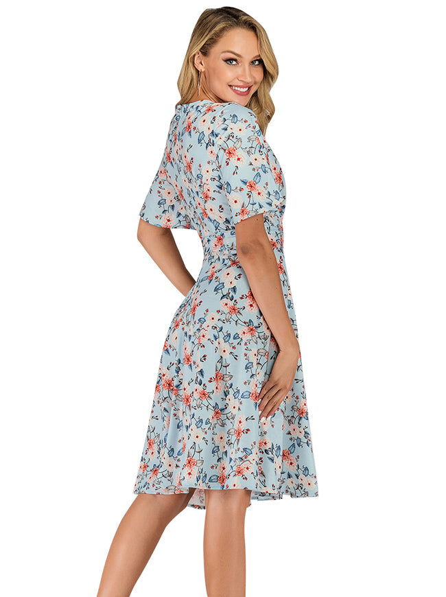 Faux Wrap A Line Summer Holiday Day Midi Plus Size Blue Dress Back View
