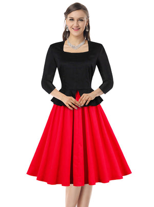 Elegant Square Neck Pleated Fit and Flare Style Business Office Dress for Women Model Show Main View
