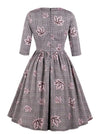 Vintage Maple Leaf Print Gray Plaid Pattern Lovely Pleated Knee Length Dress for Women Back View