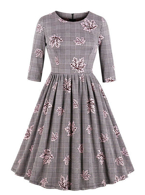 Vintage 1950 Half Sleeves Maple Leaf Printed Striped Pleated Swing Dress Main View