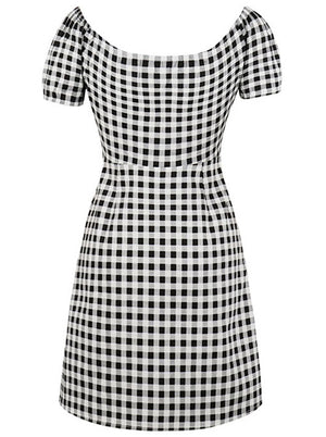 Casual Scoop Neck Plaid Fit And Flared Cocktail Mini Work Dress for Women Back View