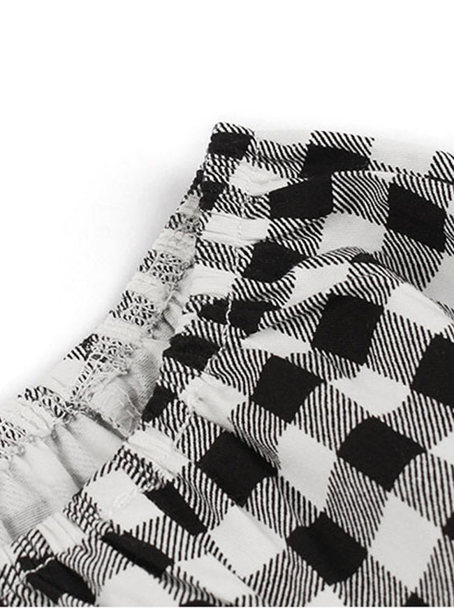 Black Plaid Scoop Neckline Short Sleeve Dress Printed Valentines Day Dress for Women Detail View