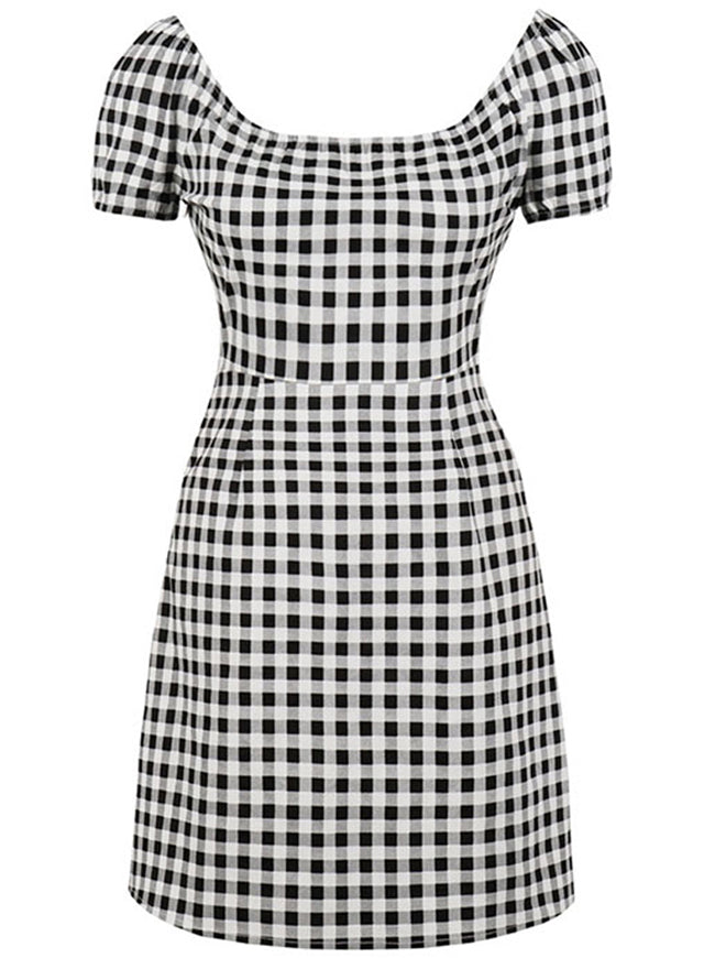 Black Plaid Scoop Neckline Short Sleeve Dress Printed Valentines Day Dress for Women Detail View